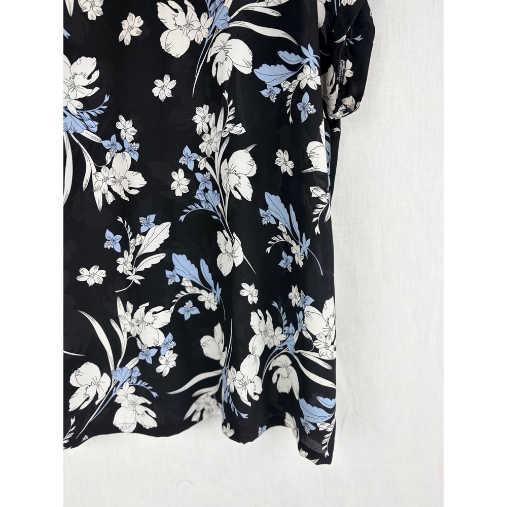 Worthington Black Floral V-Neck Short Sleeve Blouse XL Blue White Flower Print - Picture 10 of 13